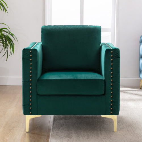 JINS&VICO Velvet Accent Chair Living Room Armchairs, Tufted Button Upholstered Club Chair with Steel Legs, Modern Single Sofa Chair Reception Chair for Bedroom, Home, Office, Green