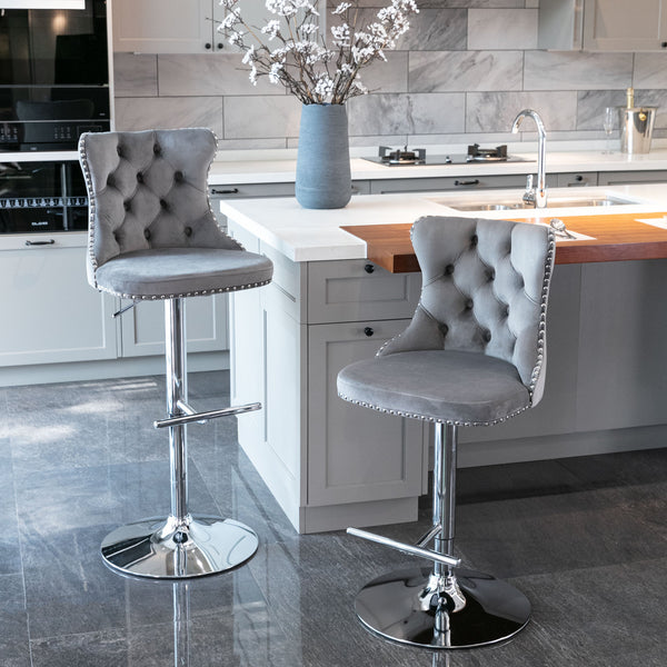 Swivel Velvet Barstools Set of 2, Upholstered Bar Stools with Backs Comfortable Tufted & Nailheads Decor, 25-33'' Height Adjustable Counter Height Bar Chairs Seat for Kitchen Island, Sliver Gray
