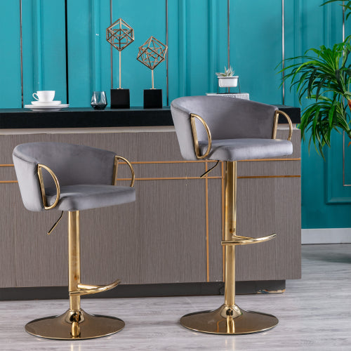 Bar Stools Set of 2,Velvet Counter Height Bar Stools with Chrome Footrest and Gold Base,Swivel Height Adjustable Barstools for Kitchen Island,Pub,Dining Room,Grey