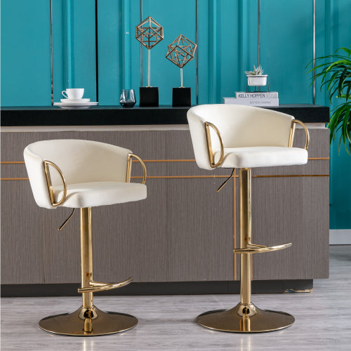 Bar Stools Set of 2,Velvet Counter Height Bar Stools with Chrome Footrest and Gold Base,Swivel Height Adjustable Barstools for Kitchen Island,Pub,Dining Room,Ivory