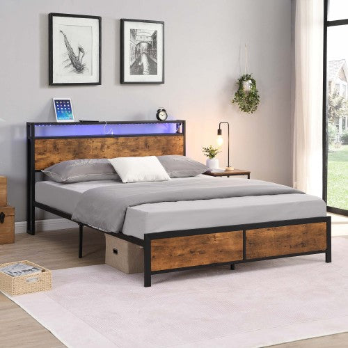 Full Size Platform Bed with LED Lights and 2 USB Ports, Industrial Full Bed Frame with Under-Bed Storage and Wooden Headboard, Noise Free, No Box Spring Needed, Rustic Brown