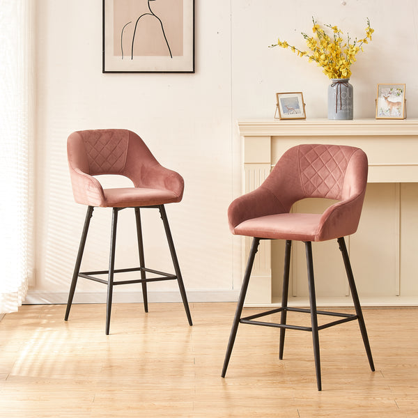 Modern Velvet Bar Stools Set of 2, Dining Barstools with Fixed Height and Backrest, Counter Height Bar Stools with Metal Frame and Footrest, Bar Chairs for Pub Bar, Home and Kitchen, Rose