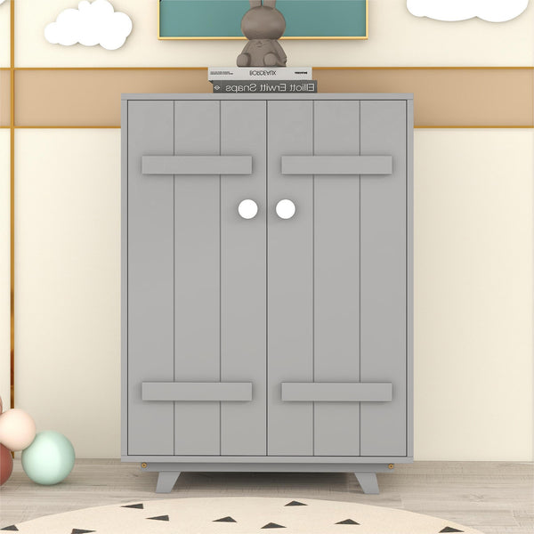 Kids Wardrobe with Hanging Rod, Wooden Wardrobe Cabinet with 2 Doors, Storage Armoires Clothes Hanging Storage Rack for Boys and Girls, Costume Cupboard for Bedroom Nursery, Gray