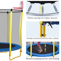 5.5FT Mini Round Trampoline for Kids, Indoor Outdoor Trampoline with Enclosure Net, Basketball Hoop and Ball, Toddler Small Trampoline Gifts for Boy and Girls, 220 lbs Weight Capacity, Yellow