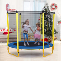 5.5FT Mini Round Trampoline for Kids, Indoor Outdoor Trampoline with Enclosure Net, Basketball Hoop and Ball, Toddler Small Trampoline Gifts for Boy and Girls, 220 lbs Weight Capacity, Yellow
