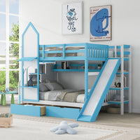 Full Over Full Bunk Bed with Slide for Kids, Full Size Castle Style Bunk Beds with 2 Drawers and 3 Shelves, Wood Bunk Bed Frame for Boys Girls, Blue