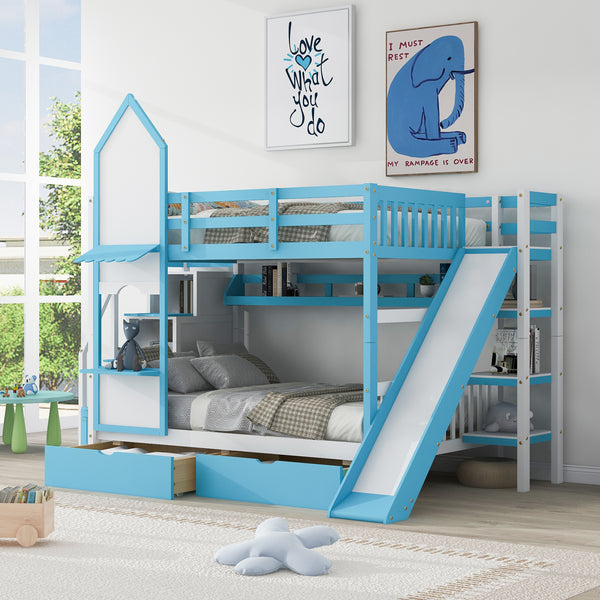 Full Over Full Bunk Bed with Slide for Kids Full Size Castle Style Bunk Beds with 2 Drawers and 3 Shelves Wood Bunk Bed Frame for Boys Girls Blue