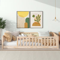 Twin Floor Bed for Kids, Wooden Montessori Bed Frame with Fence Guardrails and Support Slats, Low Platform Bed for Toddlers Girls Boys, No Box Spring Needed, Natural