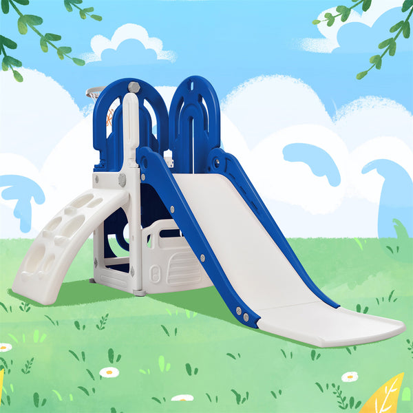 4 in 1 Toddler Slide Set with Basketball Hoop and Climbing Ramp, Indoor & Outdoor Playset with Freestanding Slide and Hidden Space for Toy Storage, for Children 1-4 Years Old, Blue
