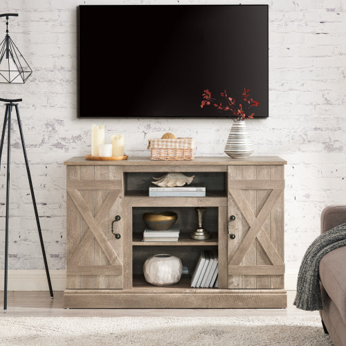 Farmhouse Classic Media TV Stand for TV up to 50",Antique Entertainment Center,Television Stands with Open and Closed Storage Space,Light Gray