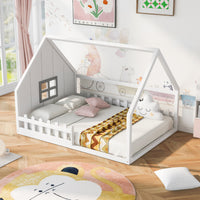 Full Size House Bed for Kids,Wood Montessori Floor Bed with Fence and Window Design,Full Bed Frame with Rails for Girls Boys,Wood Slat Support,No Box Spring Needed,Easy Assembly,White