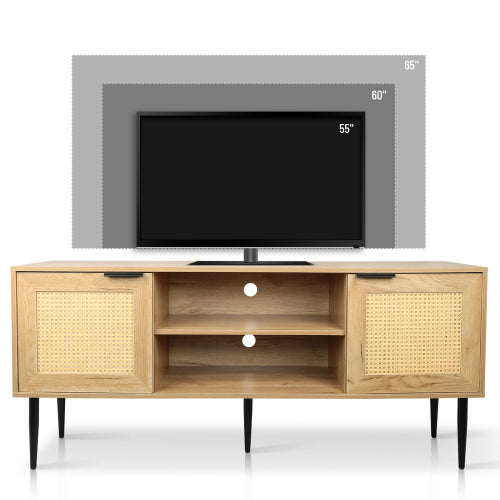 Wooden TV Stand for TVs up to 65 Inches,TV Stabd with 2 Rattan Decorated Doors and 2 Open Shelves,Wooden Entertainment Center Storage Cabinet for Living Room,Natural Color