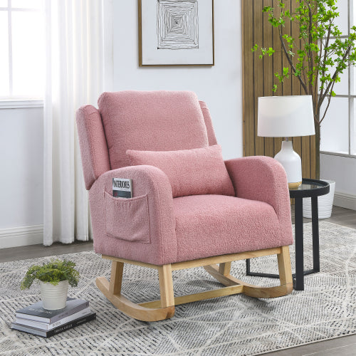 Modern Rocking Chair, Rocking Chair Nursery with 1 Lumbar Pillow and 2 Side Pockets, Soft Padded Small Rocking Chair for Indoor Living Room Bedroom, Pink Teddy
