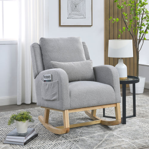 Modern Rocking Chair, Rocking Chair Nursery with 1 Lumbar Pillow and 2 Side Pockets, Soft Padded Small Rocking Chair for Indoor Living Room Bedroom, Gray Teddy
