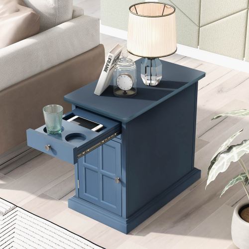 Classic Vintage End Table with USB Ports,Side Table with Multifunctional Drawer with Cup Holders,Night Stand for Living Room Bedroom,Antique Navy