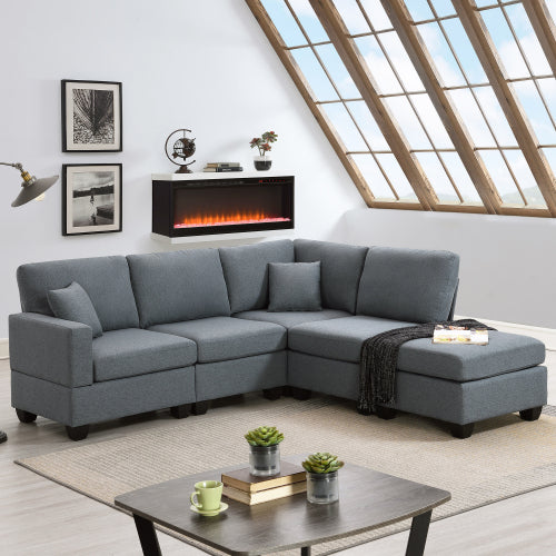 Modern Sectional Sofa,5-Seat Modular Sofa Couch Set with Convertible Ottoman,L-Shape Linen Fabric Corner Couch Set with 2 Pillows for Living Room,Apartment,Office,Dark Grey