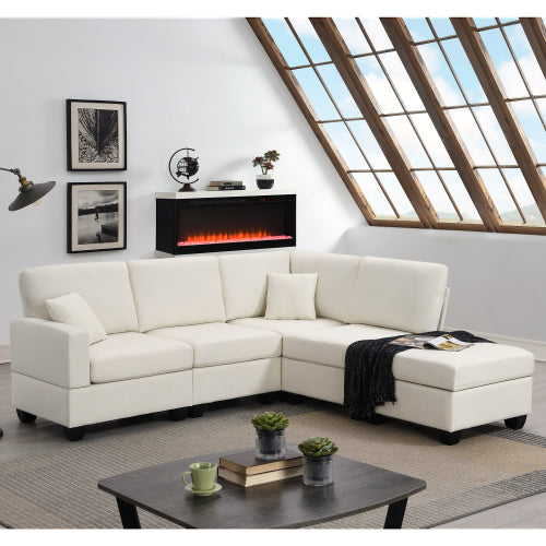 Modern Sectional Sofa,5-Seat Modular Sofa Couch Set with Convertible Ottoman,L-Shape Linen Fabric Corner Couch Set with 2 Pillows for Living Room,Apartment,Office,Beige