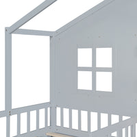 Triple Tree Twin Size House Bed with Sofa, Kids Platform Bed with Two Drawers and Storage Shelf, Gray