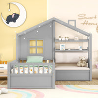 Triple Tree Twin Size House Bed with Sofa, Kids Platform Bed with Two Drawers and Storage Shelf, Gray