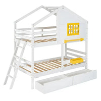 Twin Over Twin House Bunk Bed with 2 Drawers, 1 Storage Box, 1 Shelf, Window and Roof, Wooden Bunk Bed Frame with Ladder and Guardrails, White