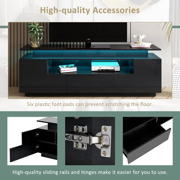 Floating LED TV Stand for 75+ inch TV, Entertainment Center with 16-color LED Light Strips, Stylish Storage Shelf , Black