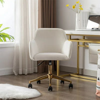 Modern Swivel Home Office Chair, Cute Mid-Back Velvet Upholstered Computer Desk Chair Armchair with Gold Metal Legs and Universal Wheels, Adjustable Height 360 Swivel Vanity Task Chair, Ivory