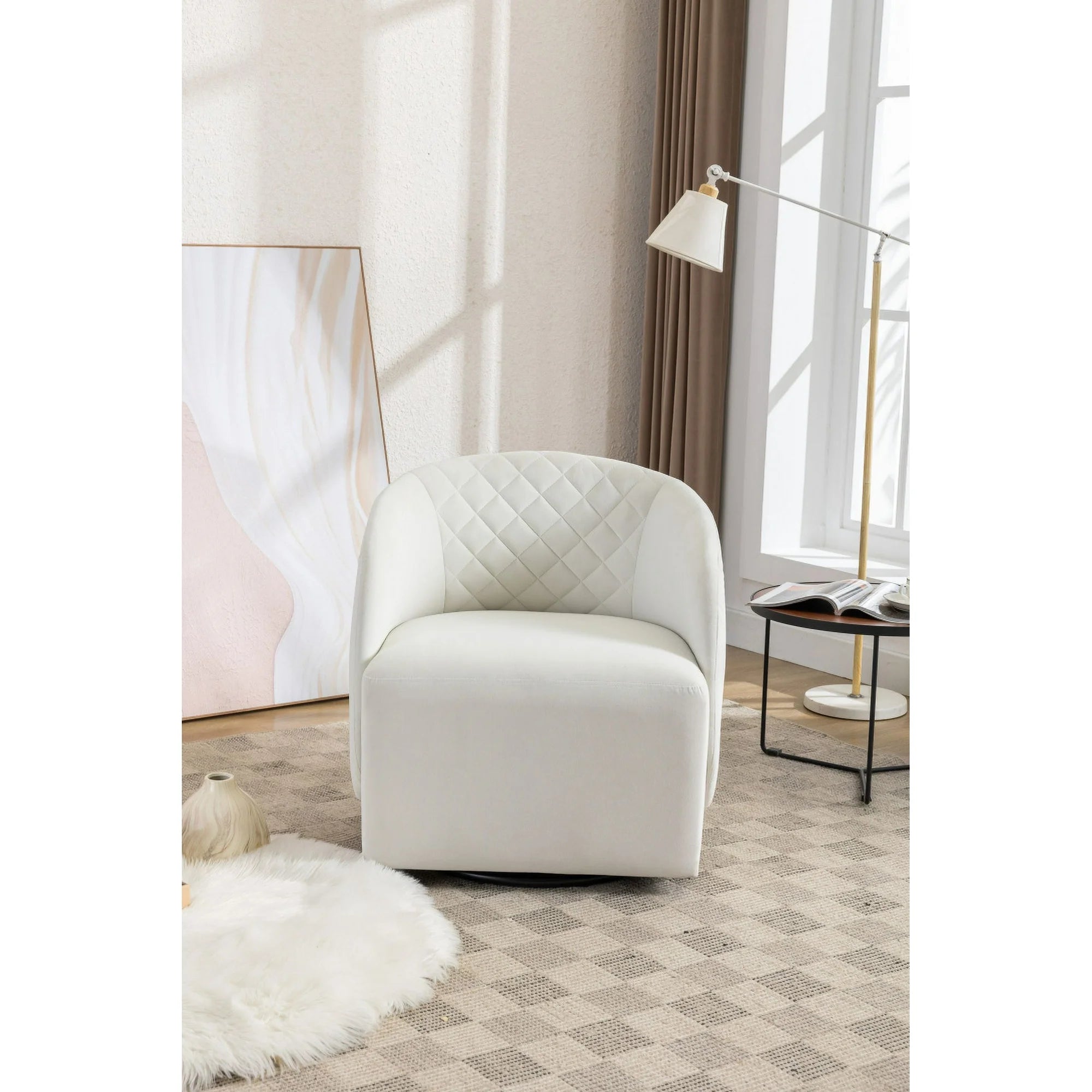 Swivel Accent Barrel Chair, Comfy Round Accent Sofa Chair for Living Room, 360 Degree Club Chair, Velvet Fabric Leisure Arm Chair for Nursery Bedroom Living Room Lounge Hotel Office (Ivory)