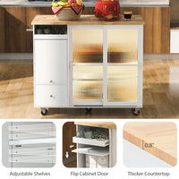Kitchen Island with Drop Leaf, Modern LED Light Kitchen Cart on Wheels with 2 Fluted Glass Doors and 1 Flip Cabinet Door, 44" Large Kitchen Island Cart with an Adjustable Shelf and 2 Drawers, White