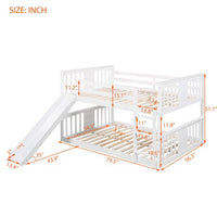 Bunk Bed with Slide, Full over Full Wood Floor Bed Frame with Ladder and Guardrail, Low Bunk Beds for Kids Teens, No Box Spring Required, White