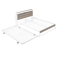 Full Size Metal Bed with Trundle, Modern Platform Bed with Socket and USB Interface, Space Saving Bed Frame with Headboard for Kids Boys Girls Teens, No Box Spring Needed, White