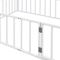 Full Size Floor Bed for Kids and Toddlers, Metal Montessori Floor Bed with 21.7" High Full-Length Fence and Door, Safety Montessori Bed Frame for Kids Girls and Boys, No Slats Supports, White