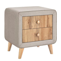 Storage Nightstand with 2 Drawers and 2 Round Handles, Linen Upholstered Wooden Bedside Table with 4 Legs, Storage Nightstand for Bedroom Living Room, Beige