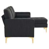 85" Burlap Fabric Sectional Sofa Couch with Reversible Chaise, L-Shape Couch with Bolster Pillows and Metal Legs, 3 Seats Futon Couch Sofa for Living Room Apartment Small Space, Black