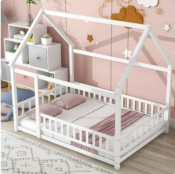 Full Size Floor Bed with Fence Guardrails for Kids, Montessori Bed Playhouse Bed with Roof, Full Platform Bed Frame for Children Teens Bedroom, No Slats Included (White, Full Size)
