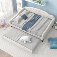 Full Linen Upholstered Daybed with Twin Size Trundle, Full Size Upholstered Tufted Sofa Bed with Nail Head Trim, Trundle Daybed with Wood Frame, Beige