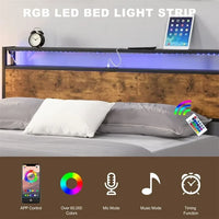 Full Size Bed Frame with LED Lights and 2 USB Ports, Industrial Metal Platform Bed with Wood Storage Headboard and 12" Under Bed Storage, Noise Free, No Box Spring Needed, Rustic Brown