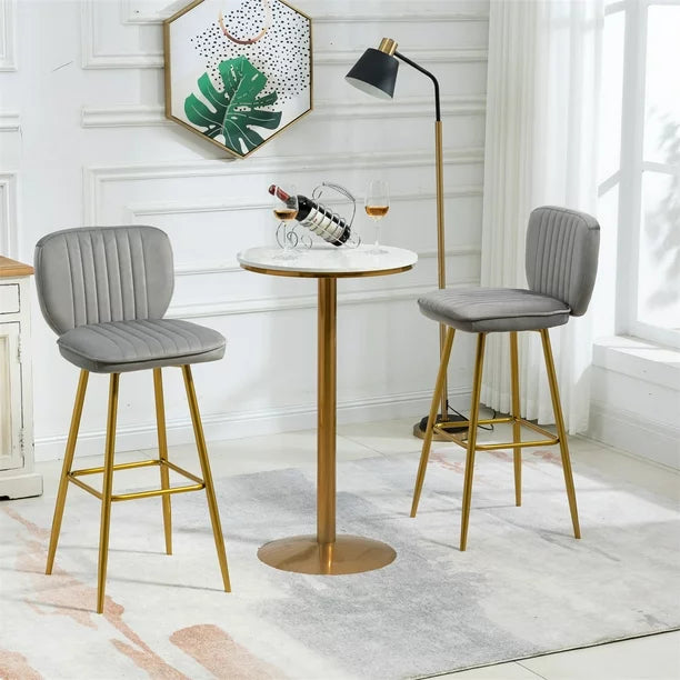 Bar Stools Set of 2, Modern Counter Height Barstools with Soft Back, 2PCS Velvet Upholstered Dining Chairs with Gold Footrest and Metal Legs, Armless Bar Chairs for Kitchen Island Bar, Gray