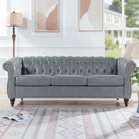 84"Rolled Arm Chesterfield Sofa Couch, Modern 3 Seater Sofa Couch, Luxious Leather Couch with Thicken Seat Cushions and Button Tufted Back, Chesterfield Couch with Nailhead Trim, Gray+PU