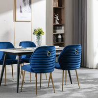 Set of 2 Velvet Dining Chair, Mid Century Velvet Upholstered Accent Chairs with Barrel Backrest and Ring Pull, Modern Side Chairs with Gold Metal Legs for Dining Room Living Room Bedroom, Blue
