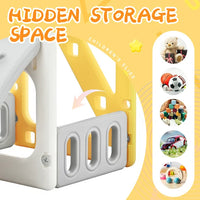 4 in 1 Toddler Slide and Climb Set, Kids Playground Climber Slide Playset with Basketball Hoop, Climb Stairs and Toy Storage Space Freestanding Play Combination for Babies Indoor & Outdoor, Yellow