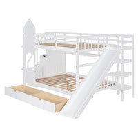 Full Over Full Bunk Bed Castle Style, Wooden Bunk Bed Frame with Stairs, Slide, Storage Drawers and Shelves, Stairway Bunk Beds for Children, Boys, Girls, Adults, White