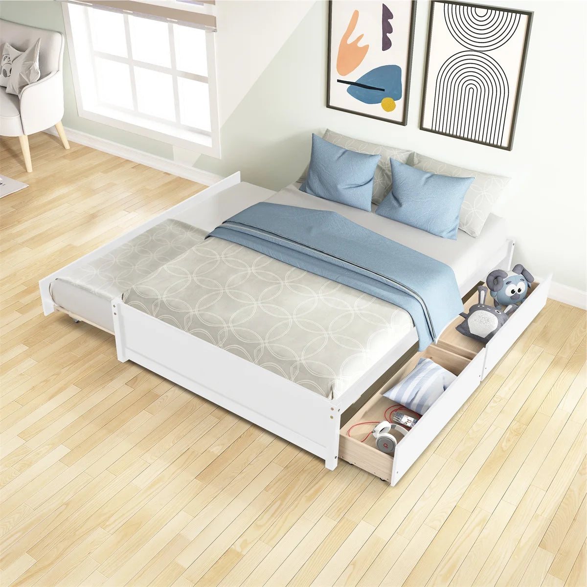Full Platform Bed with Twin Size Trundle, Full Size Bed with Two Drawers for Kids and Adults, Solid Pine Wood Upholstered Bed Frame with Slats for Bedroom Living Room, No Box Spring Needed, White