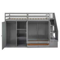 Twin Size Loft Bed, Wood Bed Frame with 2 Wardrobes, 2 Drawers, 3 Shelves and Storage Stairs, Multi-Function Loft Bed for Kids Teens Boys Girls, No Box Spring Required, Gray