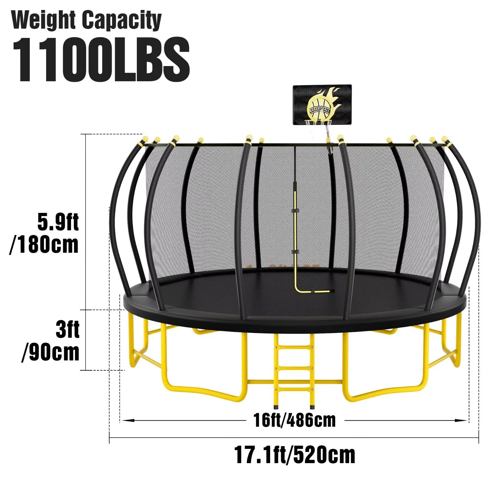 1100LBS 16FT Trampoline for Kids & Adults, Recreational Trampoline with Basketball Hoop and Balance Bar, Enclosure Net, Ladder & Curved Poles, Combo Bounce Outdoor Pumpkin Trampoline