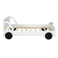 Kids Bed Frame Full Size, Car Bed for Boys Girls with Decorative Wheels and Guardrail, Wooden Platform Bed Frame, 400LBS Weight Capacity, White