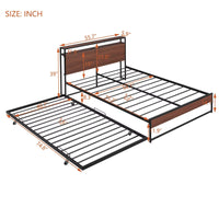 Full Size Metal Bed with Trundle, Modern Platform Bed with Socket and USB Interface, Space Saving Bed Frame with Headboard for Kids Boys Girls Teens, No Box Spring Needed, Black