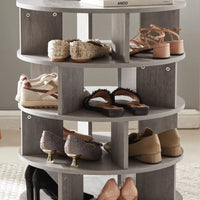 4-Tier Round Pushable Shoe Cabinet on Wheels, Wooden Rotating Shoe Rack Tower for 16-20 pairs of shoes,360°Shoe Storage Organizer for Living Room,Porch, Cloakroom, Gray