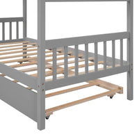 Twin Size House Bed Frame, Wood Platform Bed with Twin Size Trundle, Decorative Canopy Bed Top, Sturdy Frame Wood Legs Supprot, No Box Spring Needed, Gray