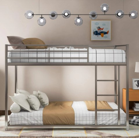 Full over Full Low Bunk Bed for Kids Teens Adults, Metal Bunk Bed Frame with Ladder and Safety Guardrails, Load-Bearing 350lb, Noise Free, Silver 77.1''Lx55.9''Wx53.7''H