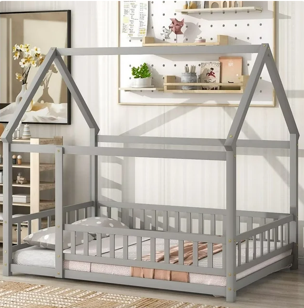 Full Size House Shaped Floor Bed with Fence and Door, Montessori House Bed Frame with Safety Guardrails, Low Floor Bed, Cabin Bed, Tent Bed, Nursery Furniture, Mattress Not included, Gray